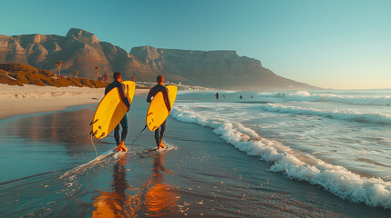 Obraz premium Two male surfers go surfing in the sea. Two men carrying surfboards run into the sea for surfing in Cape Town South Africa