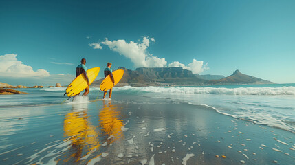 surfers go surfing in the sea. Two men carrying surfboards run into the sea for surfing in Cape...