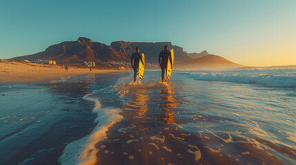 Naklejka premium surfers go surfing in the sea. Two men carrying surfboards run into the sea for surfing in Cape Town South Africa
