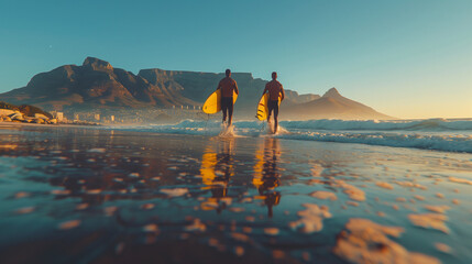 Fototapeta premium Two male surfers go surfing in the sea. Two men carrying surfboards run into the sea for surfing in Cape Town South Africa at sunset