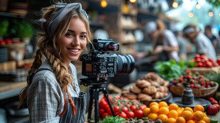 Young smiling woman vlogger baking and recording video for food channel. Female pastry chef vlogging with her camera mounted on a tripod in the kitchen for sharing on social media