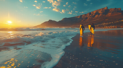 Two male surfers go surfing in the ocean. Two men carrying surfboards run into the sea for surfing in Cape Town South Africa