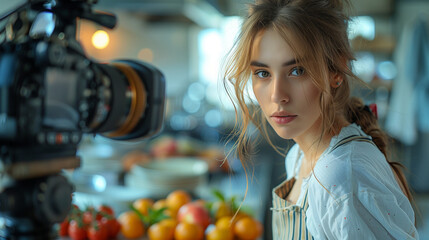 Young woman vlogger baking and recording video for food channel. Female pastry chef vlogging 