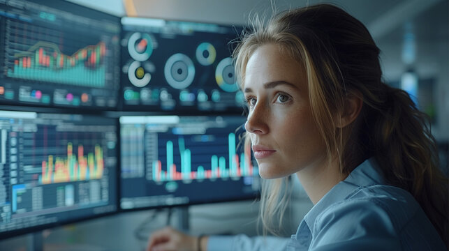 Close-up Shot of Female IT Engineer Working in Monitoring Room. She Works with Multiple Displays.