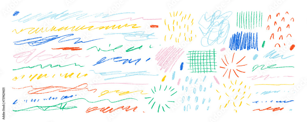 Poster various colorful charcoal pencil tangle lines and doodles. scrawl elements, simple doodle patterns.