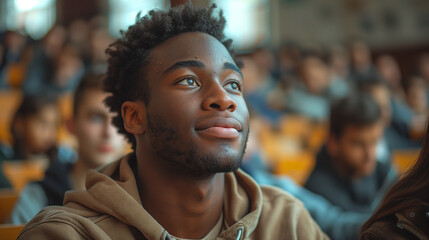 Fototapeta premium Male student sitting in a university classroom looking away and smiling. Black man sitting in a lecture in high school classroom