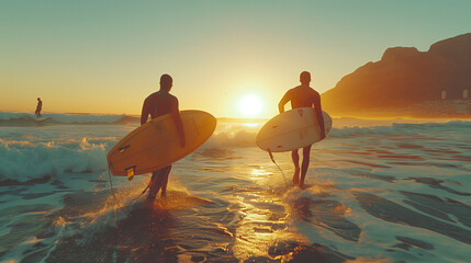 Obraz premium Two male surfers go surfing in the sea at sunset. Two men carrying surfboards run in to the sea for surfing in Cape Town