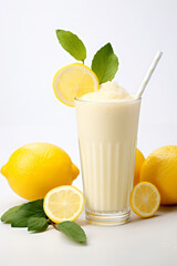 Refreshing lemon smoothie or slushie in tall glass on white table in white modern kitchen - 739624650