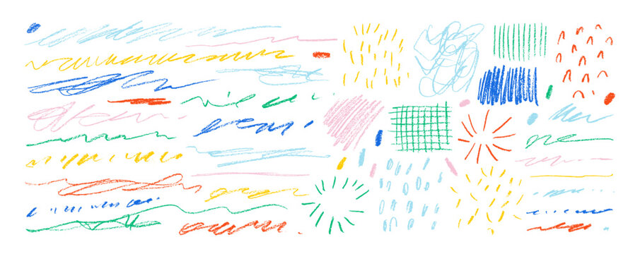 Various colorful charcoal pencil tangle lines and doodles. Scrawl elements, simple doodle patterns.