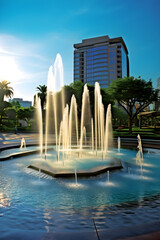 Obraz na płótnie Canvas Mesmerizing Display of the FZ Fountains against City Skyline: Blend of Urban Life and Nature