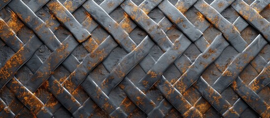A detailed shot of a weathered metal fence featuring a unique wicker pattern design