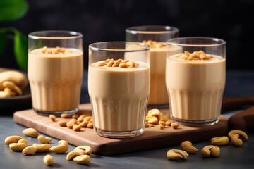 Peanut butter protein smoothie in glasses on dark background