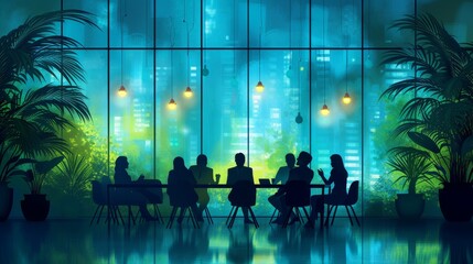 An illustration of a business meeting with the people in silhouette and shadow with bright colors in the background.  - obrazy, fototapety, plakaty