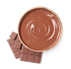 Tasty milk chocolate paste in bowl and pieces isolated on white, top view