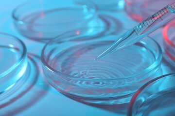 Dripping liquid from pipette into petri dish on light blue background, closeup