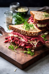 Fototapeta premium Reuben sandwich with sauerkraut and creamy sauce for lunch on white table