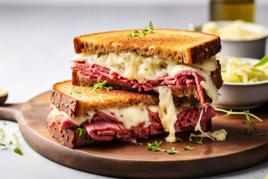 Reuben sandwich with sauerkraut and creamy sauce for lunch on white table