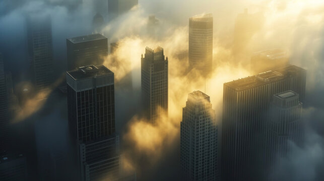 The citys architecture is transformed by the backlit fog taking on an otherworldly and mysterious quality.