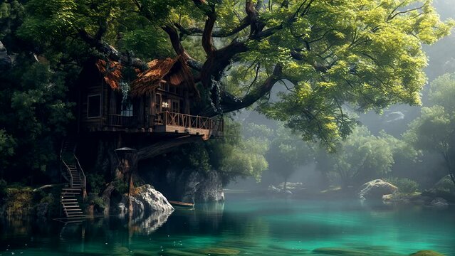 Cascading Comfort: A Beautiful Tree House Perched Alongside the River. Crafted by Generative AI