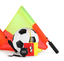 Soccer ball and different referee equipment isolated on white