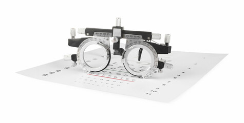 Trial frame and vision test chart isolated on white