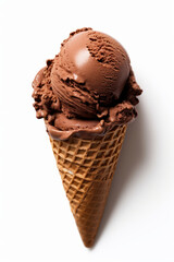 Chocolate ice cream scoop in a waffle cone on a white background overhead view - 739627089