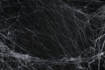 Creepy white cobweb on black background, closeup