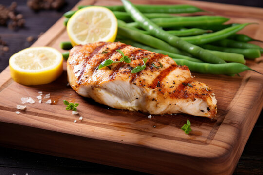 Grilled chicken on a cutting board with green beans and lemon
