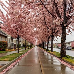 Cherry blossoms with clean sidewalk