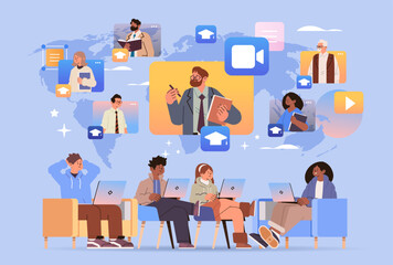 mix race students group watching free online courses on laptop education day live webinar e-learning concept