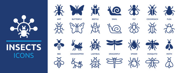 Insects icon set. Containing ant, bee, mosquito, bug, fly, spider, butterfly, ladybug and more. Solid and outline vector icons collection. © Icons-Studio