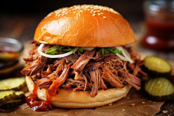 Pulled pork sandwich with brioche buns and pickles with bbq sauce - 739628877