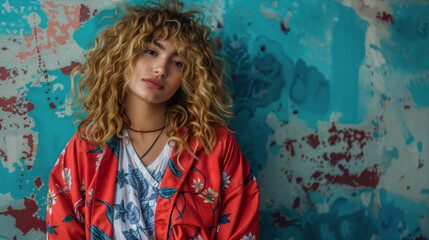 A young trendy girl with long curly blond hair and standing against a blue wall. She is wearing a white shirt under a red jacket.