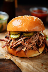 Pulled pork sandwich with brioche buns and pickles with bbq sauce