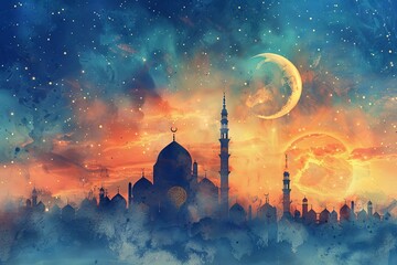 Eid al-Adha Watercolor Mosque & Starry Sky

 - obrazy, fototapety, plakaty