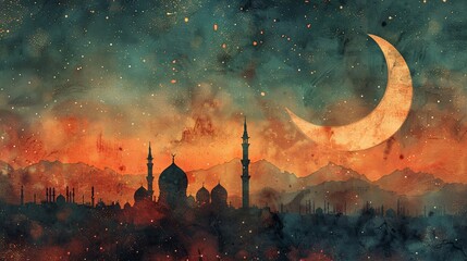 Eid al-Adha Watercolor Mosque & Starry Sky

