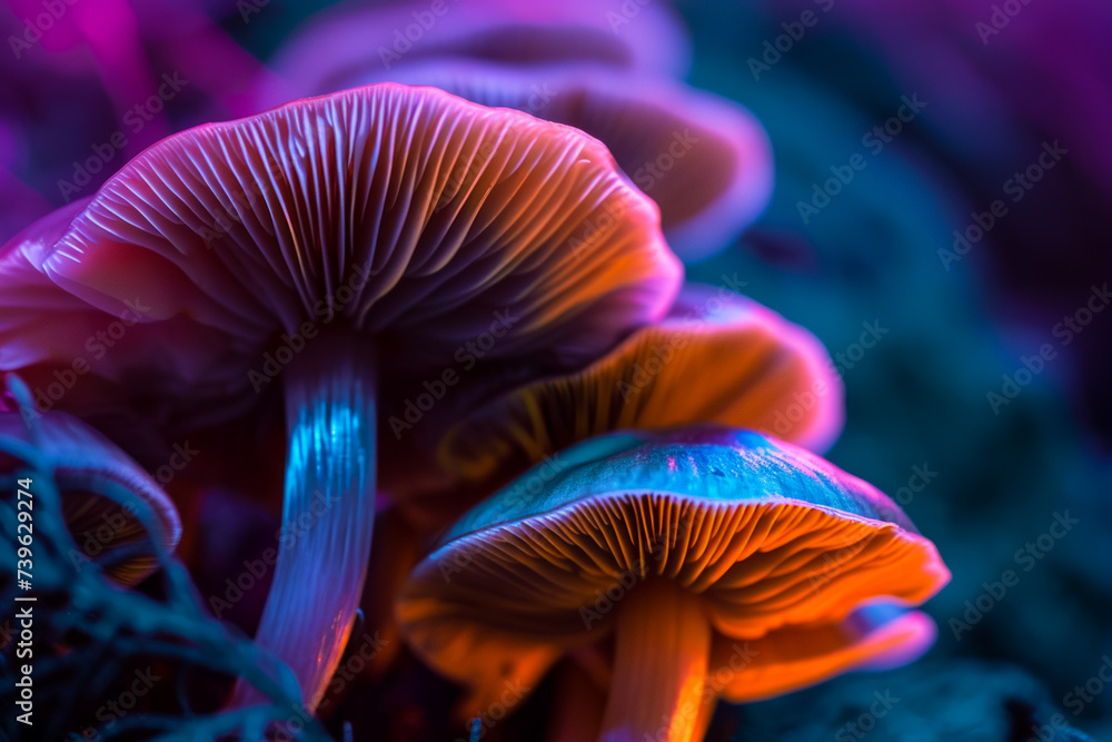 Poster magic mushrooms. backdrop with selective focus and copy space