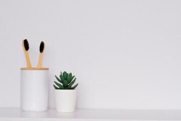 A glass with wooden toothbrushes and a plant on a white background. Minimalism