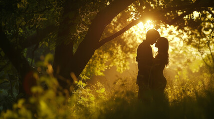 In a peaceful forest clearing two lovers share a quiet moment illuminated by the soft backlit rays of the setting sun.