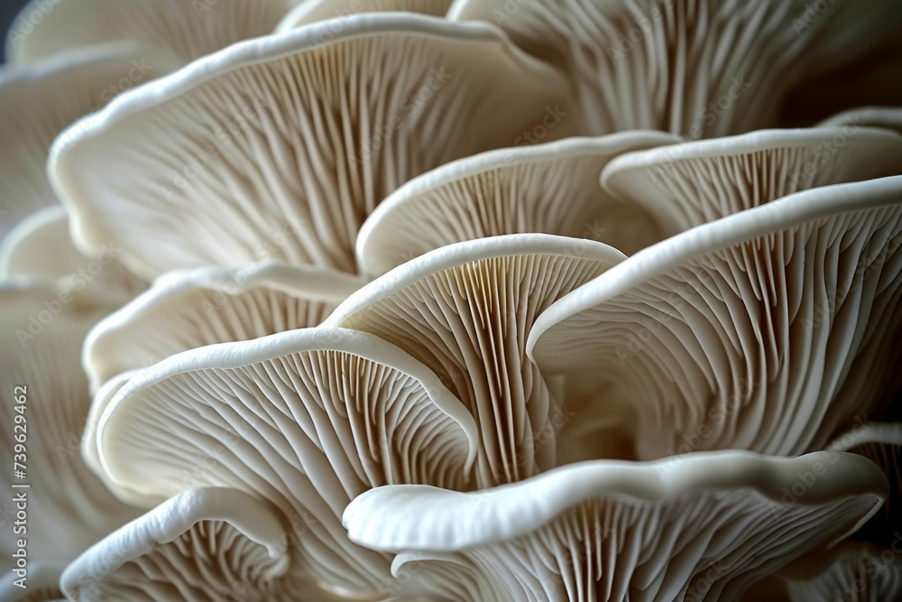Poster mycelium with mushrooms, bottom view. background with selective focus and copy space