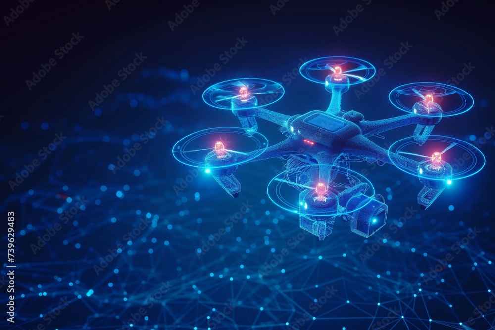 Poster drone hologram made of dots. invention and research concept. background with selective focus and cop