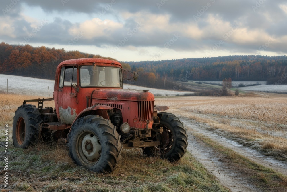 Poster tractor in the field. background with selective focus and copy space