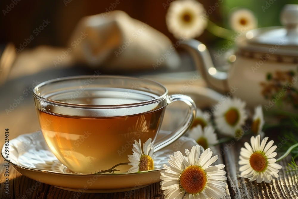 Poster chamomile tea in a transparent mug. background with selective focus and copy space