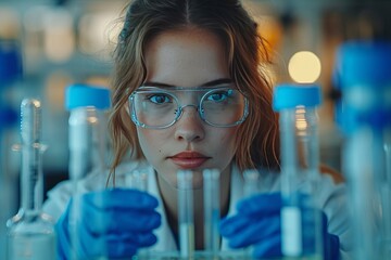 young woman  in laboratory, scientific equipment, technological environment, research.
