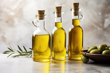 Obraz na płótnie Canvas Olive oil in different vintage bottles on marble table