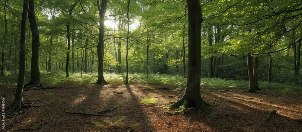 Poster The sunlight filters through the branches of the trees in the natural landscape of the forest, creating a beautiful play of shadows on the grass and trunks