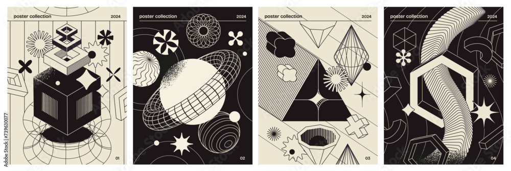 Poster futuristic retro posters with minimalist design, featuring geometric shapes disintegrating into part