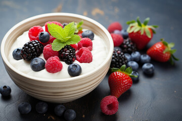 Greek yogurt bowl with berries, plain whole milk yogurt, healthy snack - 739630001