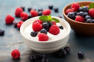 Greek yogurt bowl with berries, plain whole milk yogurt, healthy snack - 739630002