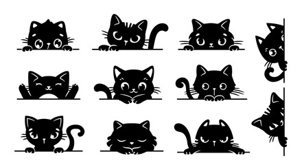 Vector Series of black cats peering out of windows. Cartoon style collection of amusing feline characters curiously looking outside isolated on white backdrop. Suitable for tattoos, creative projects © Rudzhan
